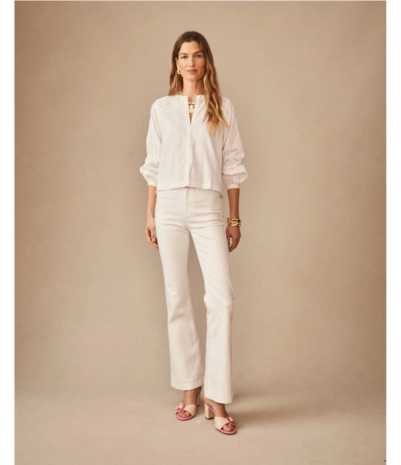 J.McLaughlin Hazel Eyelet Split V-Neck Long Blouson Sleeve Button Front Blouse