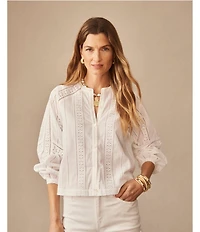 J.McLaughlin Hazel Eyelet Split V-Neck Long Blouson Sleeve Button Front Blouse