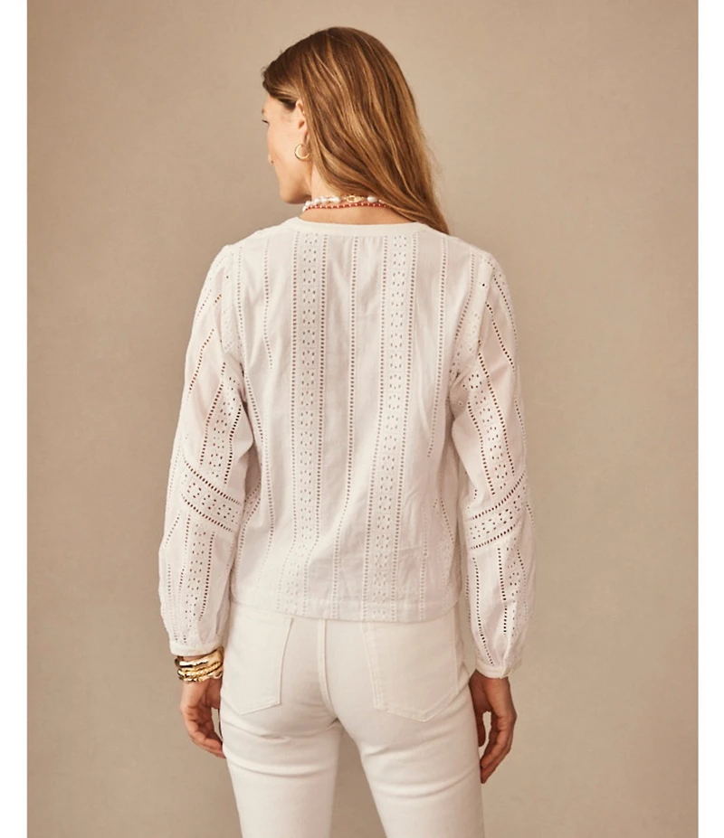 J.McLaughlin Hazel Eyelet Split V-Neck Long Blouson Sleeve Button Front Blouse