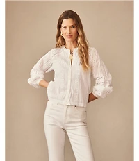 J.McLaughlin Hazel Eyelet Split V-Neck Long Blouson Sleeve Button Front Blouse