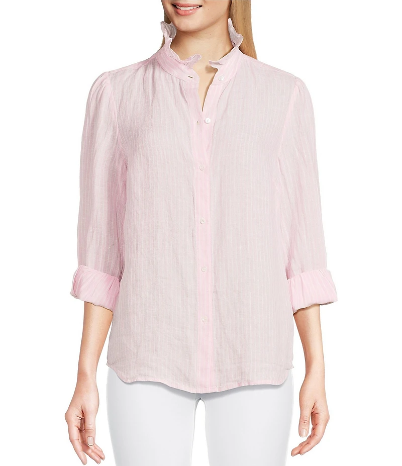 J.McLaughlin Julian Stripe Print Ruffle Collar Long Sleeve Button Front Blouse