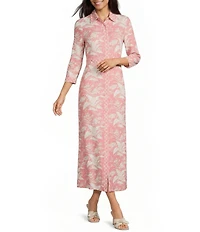 J.McLaughlin Kailyn Printed Knit Point Collar 3/4 Sleeve Maxi Shirt Dress