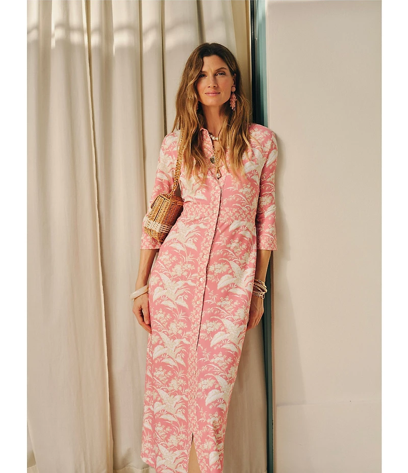 J.McLaughlin Kailyn Printed Knit Point Collar 3/4 Sleeve Maxi Shirt Dress