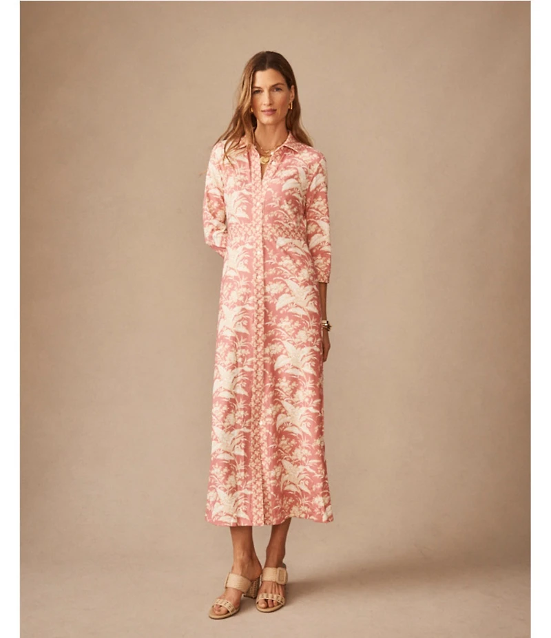 J.McLaughlin Kailyn Printed Knit Point Collar 3/4 Sleeve Maxi Shirt Dress