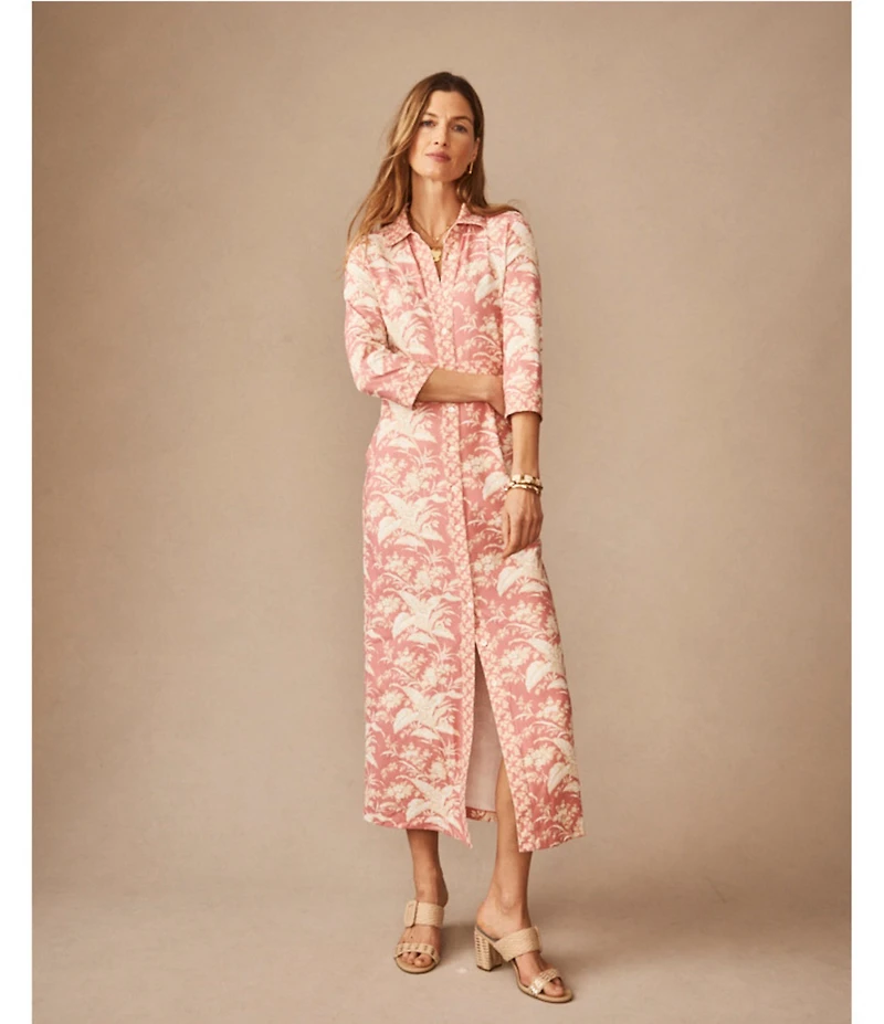 J.McLaughlin Kailyn Printed Knit Point Collar 3/4 Sleeve Maxi Shirt Dress