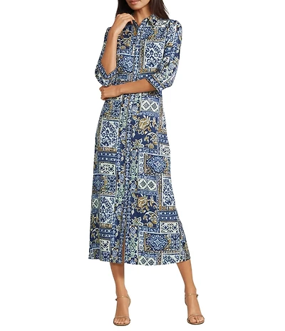 J.McLaughlin Kailyn Printed Point Collar 3/4 Sleeve Button Front Maxi Dress
