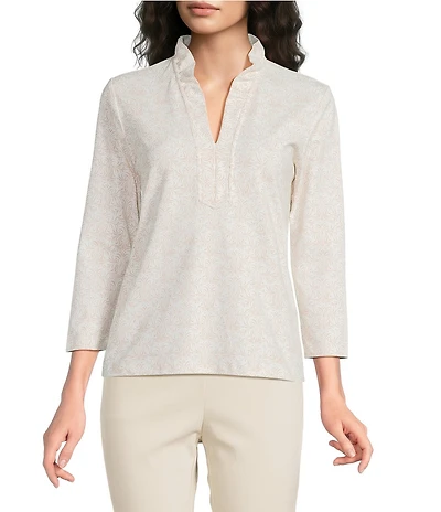 J.McLaughlin Kate Printed Catalina Cloth Ruffle Collar Split V-Neck 3/4 Sleeve Top