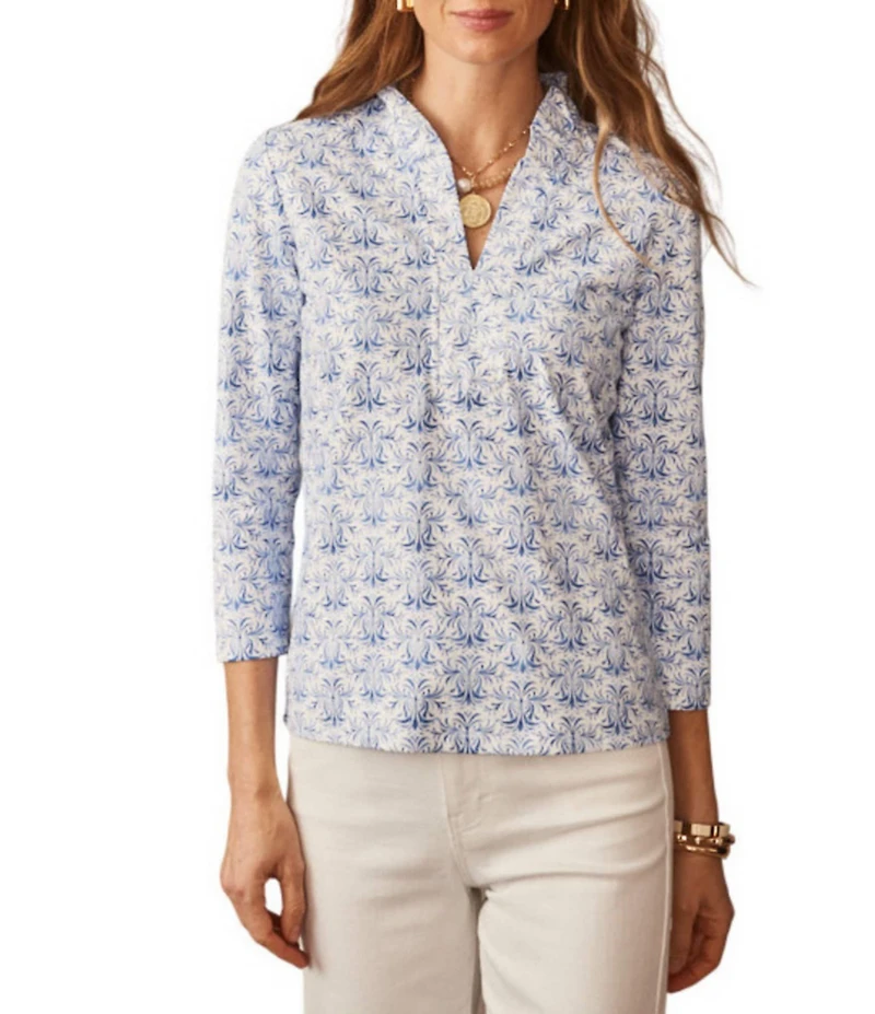 J.McLaughlin Kate Printed Catalina Cloth Ruffle Collar Split V-Neck 3/4 Sleeve Top