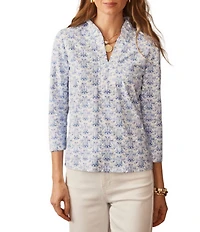 J.McLaughlin Kate Printed Catalina Cloth Ruffle Collar Split V-Neck 3/4 Sleeve Top