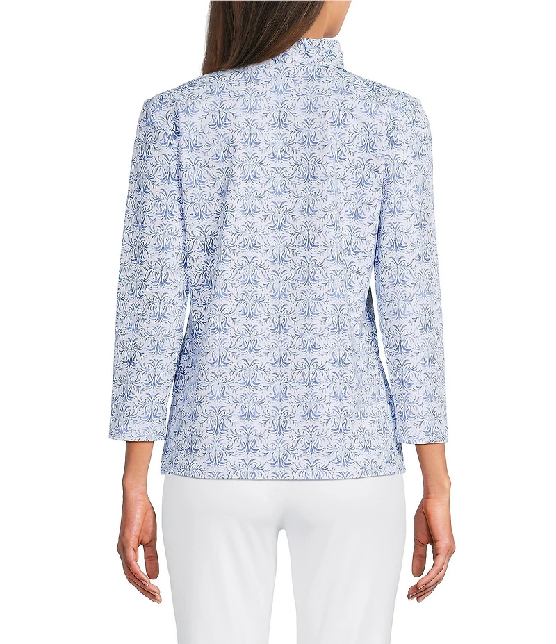 J.McLaughlin Kate Printed Catalina Cloth Ruffle Collar Split V-Neck 3/4 Sleeve Top