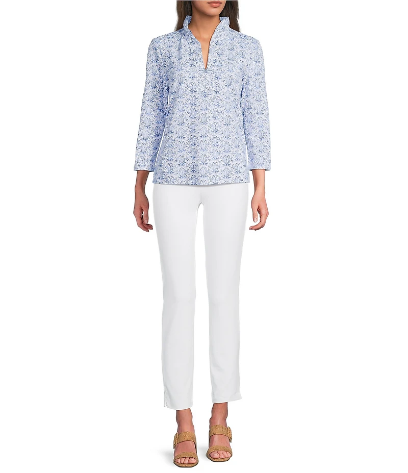 J.McLaughlin Kate Printed Catalina Cloth Ruffle Collar Split V-Neck 3/4 Sleeve Top