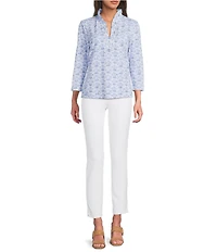 J.McLaughlin Kate Printed Catalina Cloth Ruffle Collar Split V-Neck 3/4 Sleeve Top