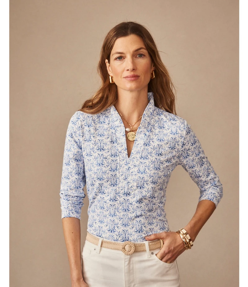 J.McLaughlin Kate Printed Catalina Cloth Ruffle Collar Split V-Neck 3/4 Sleeve Top