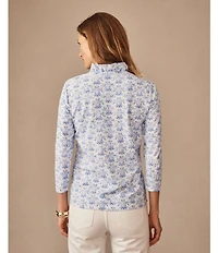 J.McLaughlin Kate Printed Catalina Cloth Ruffle Collar Split V-Neck 3/4 Sleeve Top