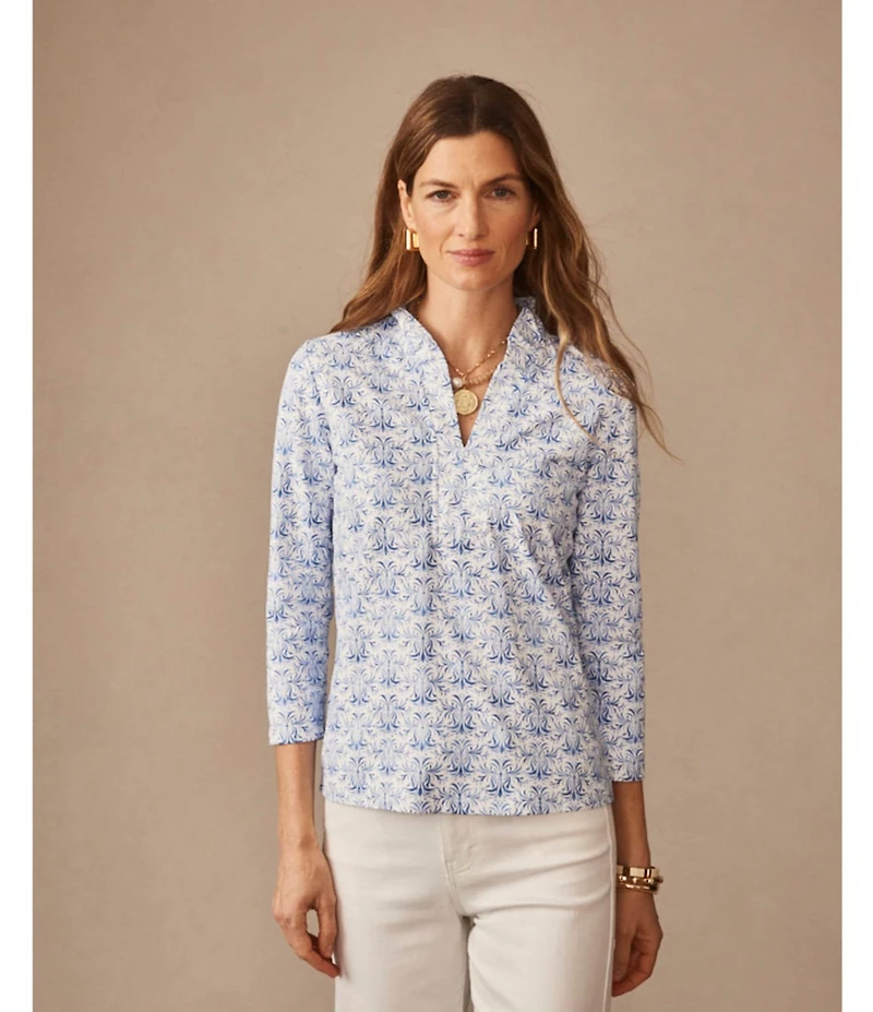 J.McLaughlin Kate Printed Catalina Cloth Ruffle Collar Split V-Neck 3/4 Sleeve Top