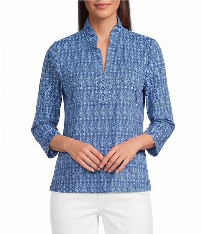 J.McLaughlin Kate Stretch Knit Ikat Print Ruffle Split V-Neck 3/4 Sleeve Top