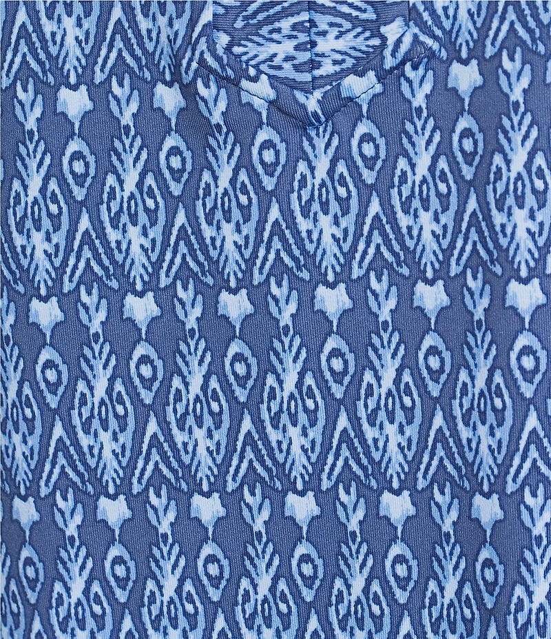 J.McLaughlin Kate Stretch Knit Ikat Print Ruffle Split V-Neck 3/4 Sleeve Top