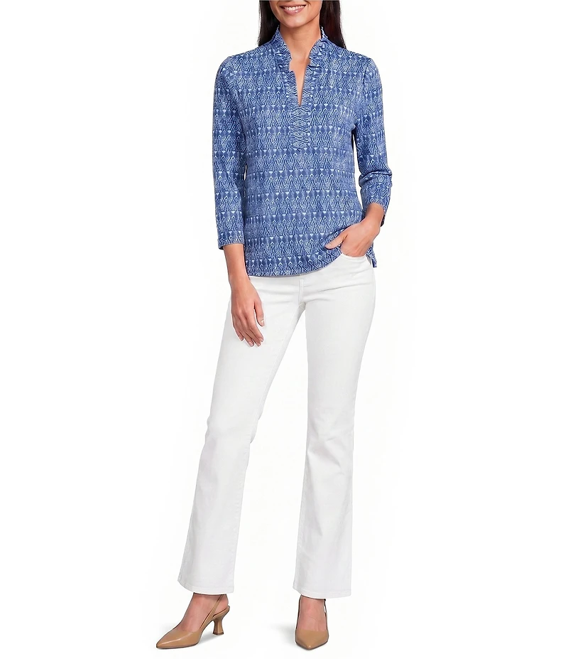 J.McLaughlin Kate Stretch Knit Ikat Print Ruffle Split V-Neck 3/4 Sleeve Top