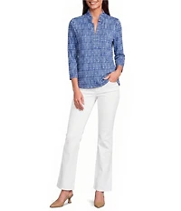 J.McLaughlin Kate Stretch Knit Ikat Print Ruffle Split V-Neck 3/4 Sleeve Top