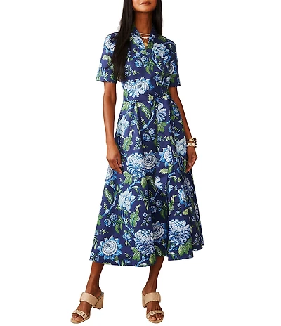 J.McLaughlin Lily FLoral Print Stand Collar V-Neck Short Sleeve Midi Dress