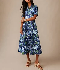 J.McLaughlin Lily FLoral Print Stand Collar V-Neck Short Sleeve Midi Dress