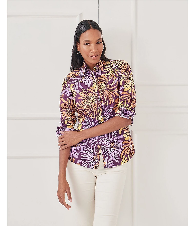 J.McLaughlin Lois Floral Print Point Collar Long Sleeve Button Front Blouse