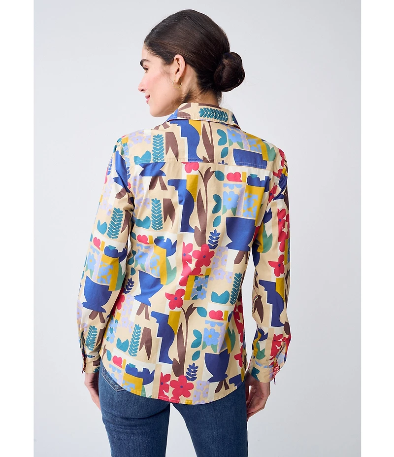 J.McLaughlin Lois Printed Cotton Relaxed Fit Point Collar Long Sleeve Blouse