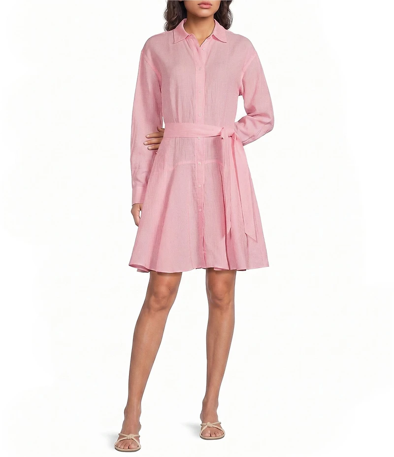 J.McLaughlin Mary Striped Shirt Collar Long Sleeve Tie Waist Shirt Dress