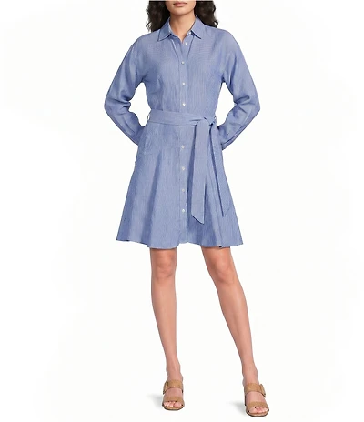 J.McLaughlin Mary Striped Shirt Collar Long Sleeve Tie Waist Shirt Dress