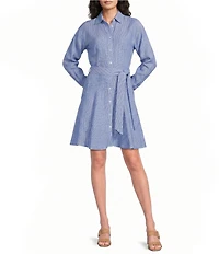 J.McLaughlin Mary Striped Shirt Collar Long Sleeve Tie Waist Shirt Dress