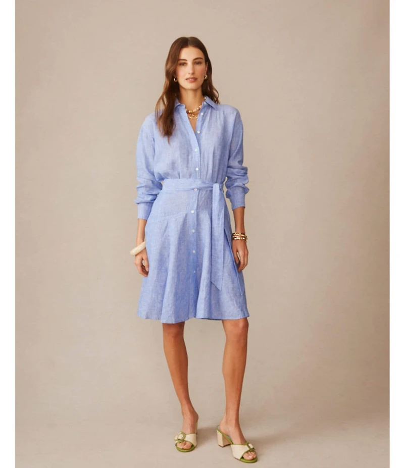 J.McLaughlin Mary Striped Shirt Collar Long Sleeve Tie Waist Shirt Dress