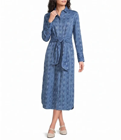 J.McLaughlin Orla Printed Point Collar Long Sleeve Self Tie-Waist Midi Dress