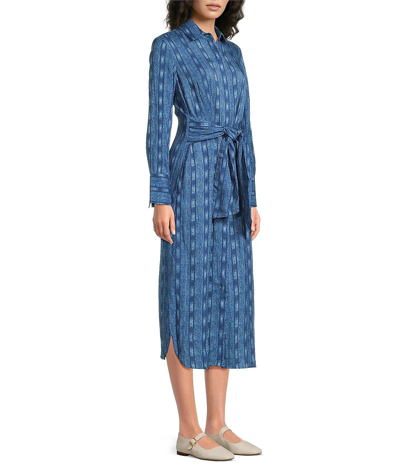 J.McLaughlin Orla Printed Point Collar Long Sleeve Self Tie-Waist Midi Dress