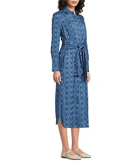 J.McLaughlin Orla Printed Point Collar Long Sleeve Self Tie-Waist Midi Dress