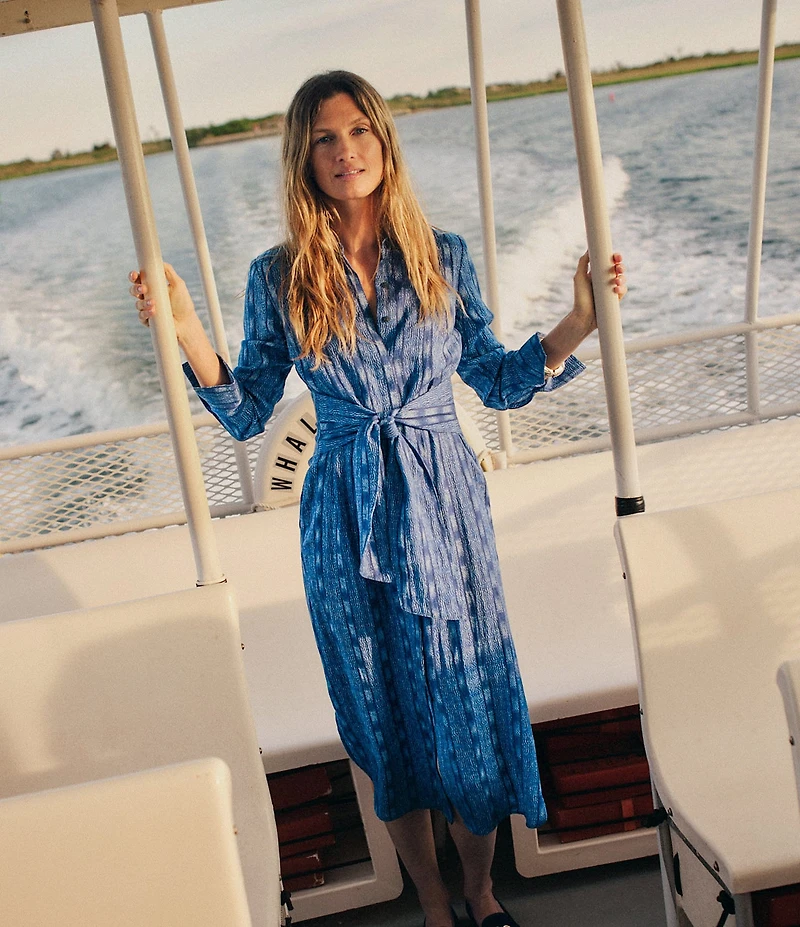 J.McLaughlin Orla Printed Point Collar Long Sleeve Self Tie-Waist Midi Dress