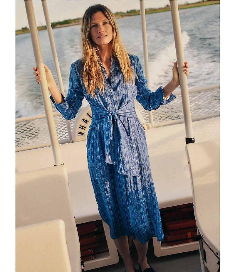 J.McLaughlin Orla Printed Point Collar Long Sleeve Self Tie-Waist Midi Dress