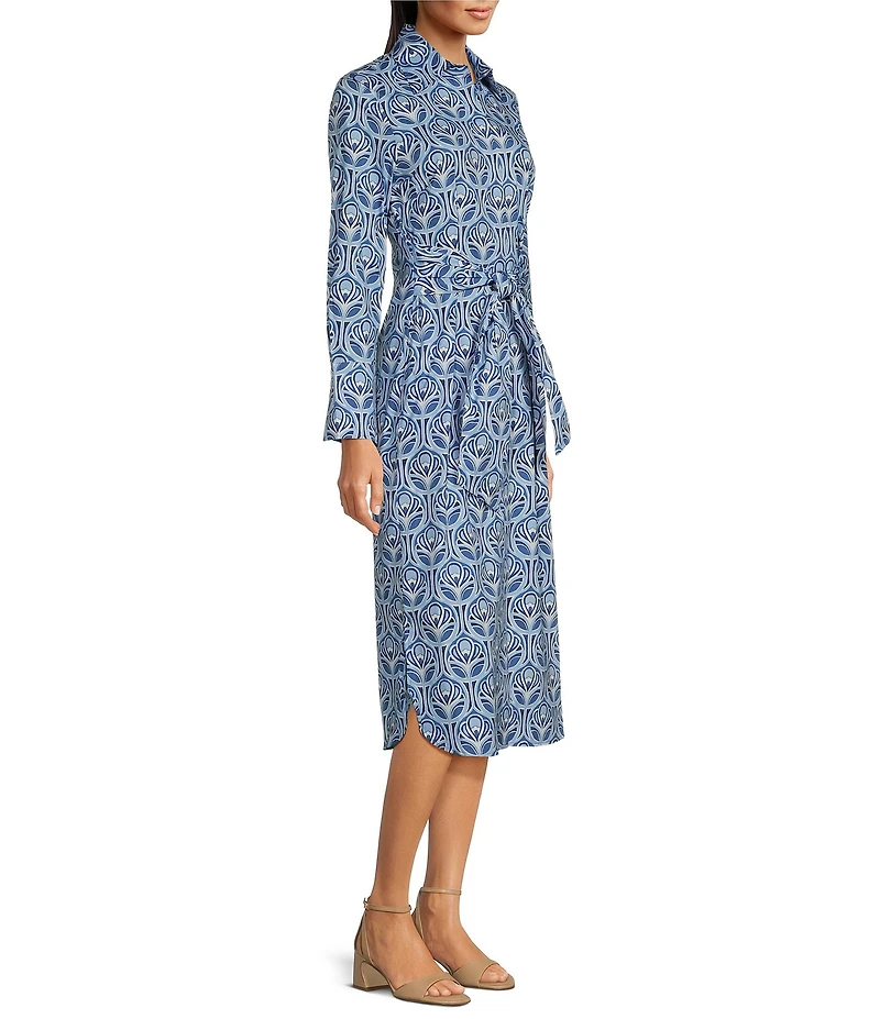 J.McLaughlin Orla Printed Point Collar Long Sleeve Tie Waist Midi Dress