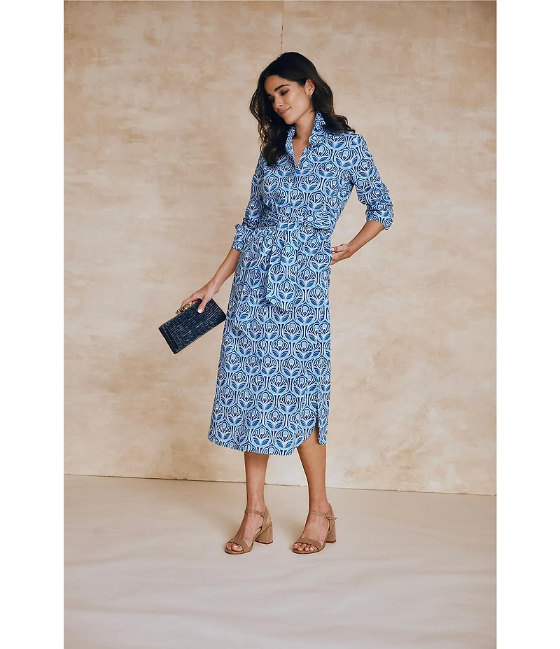 J.McLaughlin Orla Printed Point Collar Long Sleeve Tie Waist Midi Dress