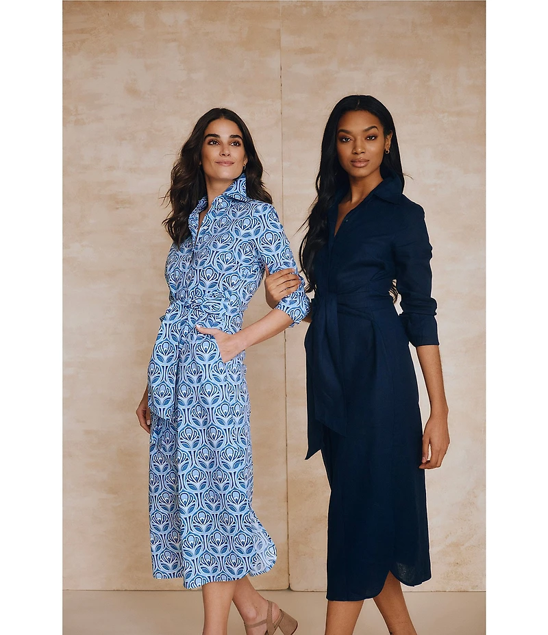 J.McLaughlin Orla Printed Point Collar Long Sleeve Tie Waist Midi Dress