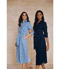 J.McLaughlin Orla Printed Point Collar Long Sleeve Tie Waist Midi Dress