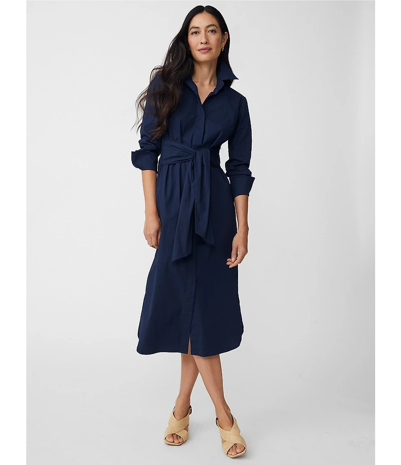 J.McLaughlin Orla Stretch Cotton Point Collar Long Sleeve Belted Midi Shirt Dress