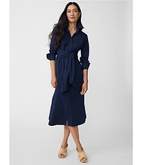 J.McLaughlin Orla Stretch Cotton Point Collar Long Sleeve Belted Midi Shirt Dress