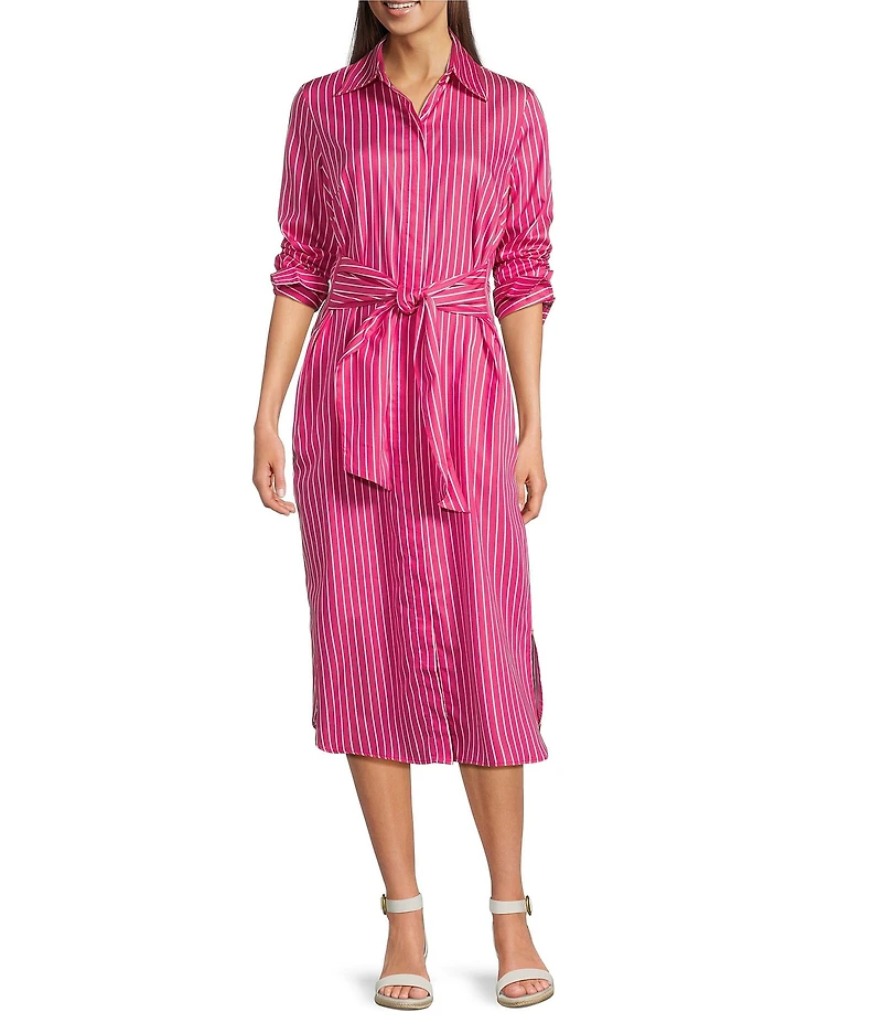 J.McLaughlin Orla Stripe Shirt Collar Long Sleeve Tie Waist Button Front Midi Dress