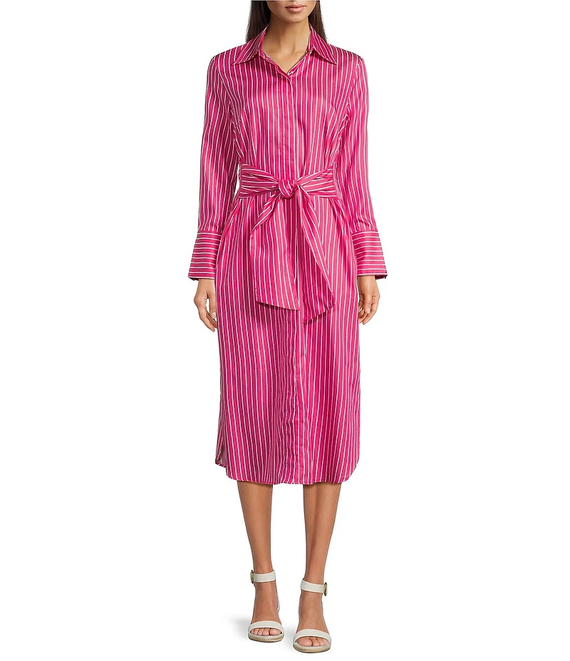 J.McLaughlin Orla Stripe Shirt Collar Long Sleeve Tie Waist Button Front Midi Dress