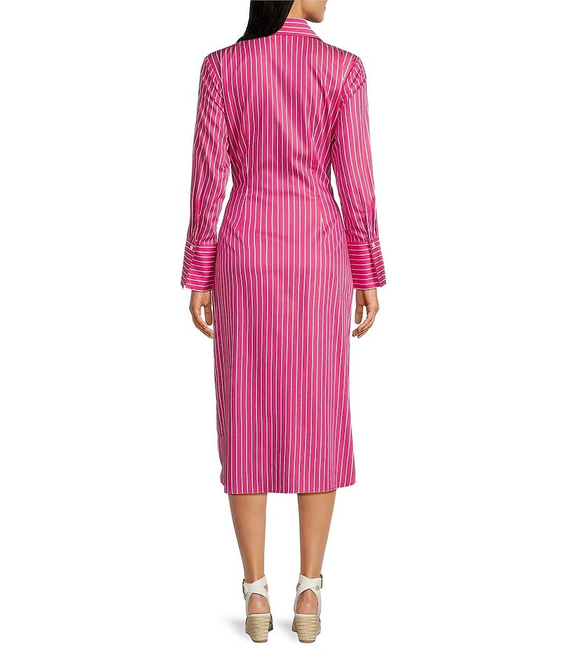 J.McLaughlin Orla Stripe Shirt Collar Long Sleeve Tie Waist Button Front Midi Dress