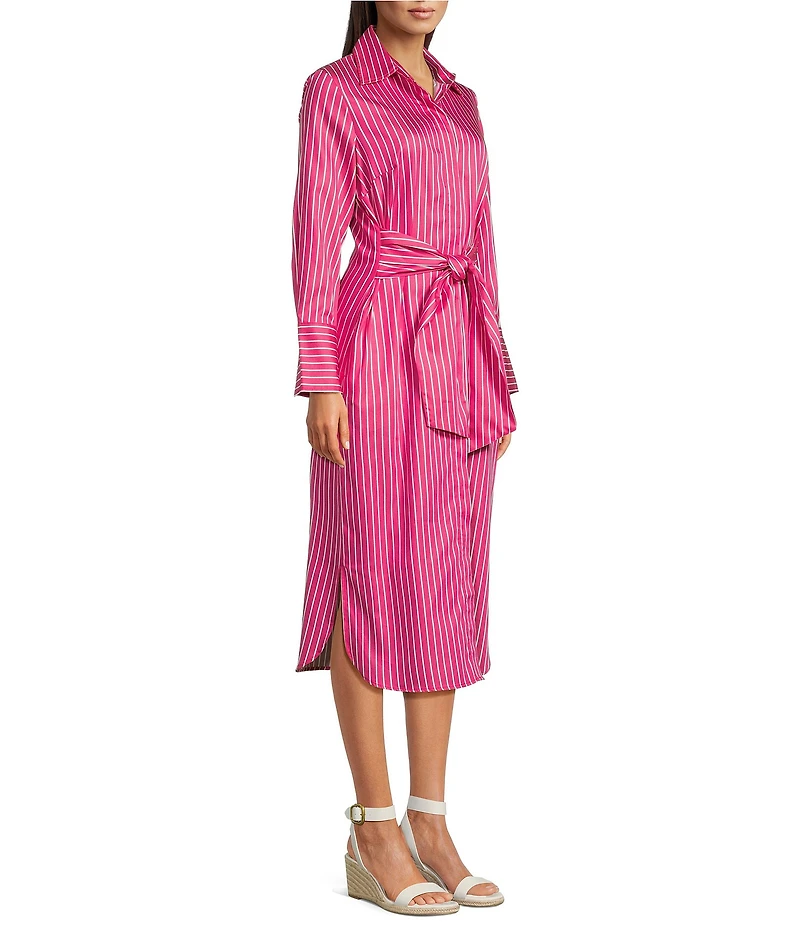 J.McLaughlin Orla Stripe Shirt Collar Long Sleeve Tie Waist Button Front Midi Dress