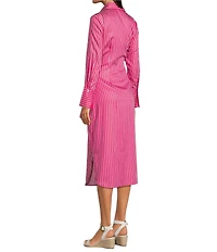 J.McLaughlin Orla Stripe Shirt Collar Long Sleeve Tie Waist Button Front Midi Dress