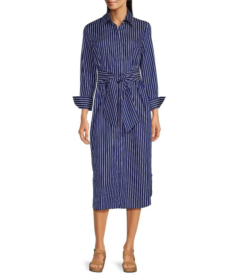 J.McLaughlin Orla Stripe Shirt Collar Long Sleeve Tie Waist Button Front Midi Dress