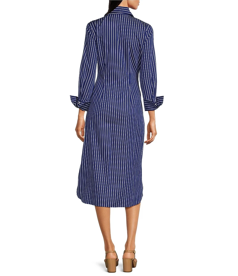 J.McLaughlin Orla Stripe Shirt Collar Long Sleeve Tie Waist Button Front Midi Dress