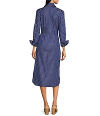 J.McLaughlin Orla Stripe Shirt Collar Long Sleeve Tie Waist Button Front Midi Dress